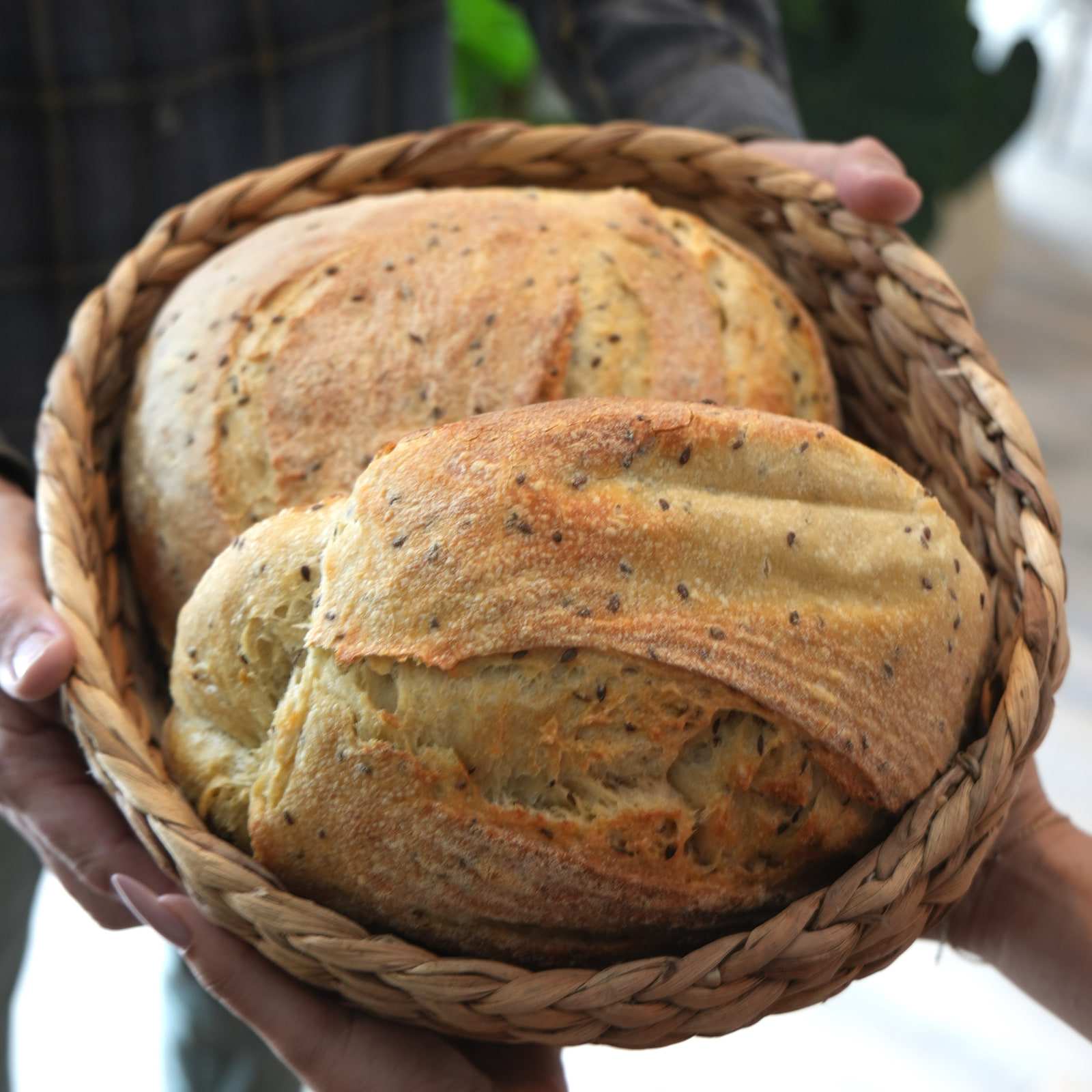 Pâine de casă, abia scoasă din cuptor, într-un coș împletit, la HRANA Hunedoara